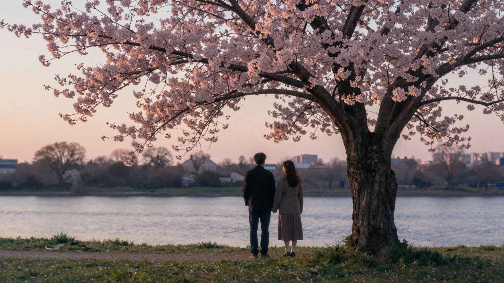 Watercolor style. A silhouette of a couple under a blooming ...
