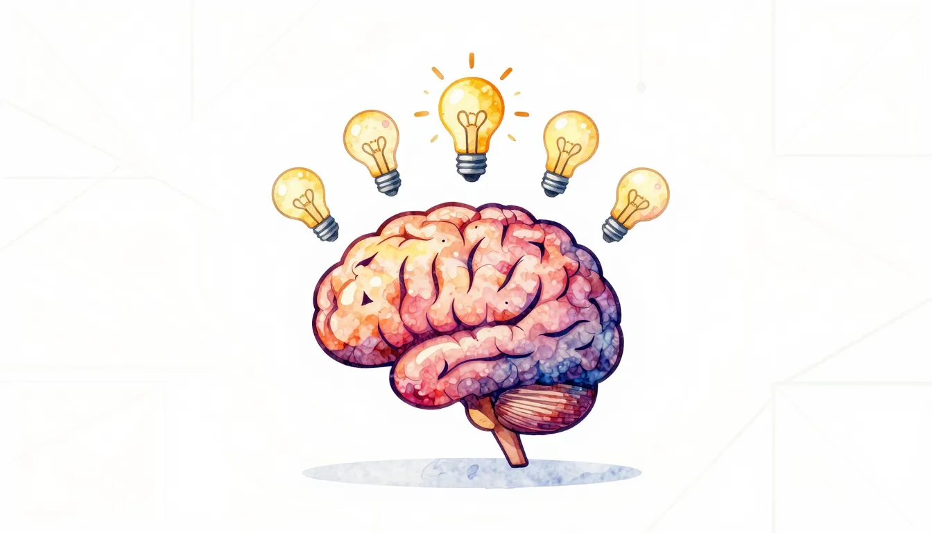 Watercolor style. A colorful brain icon with lightbulbs popp...