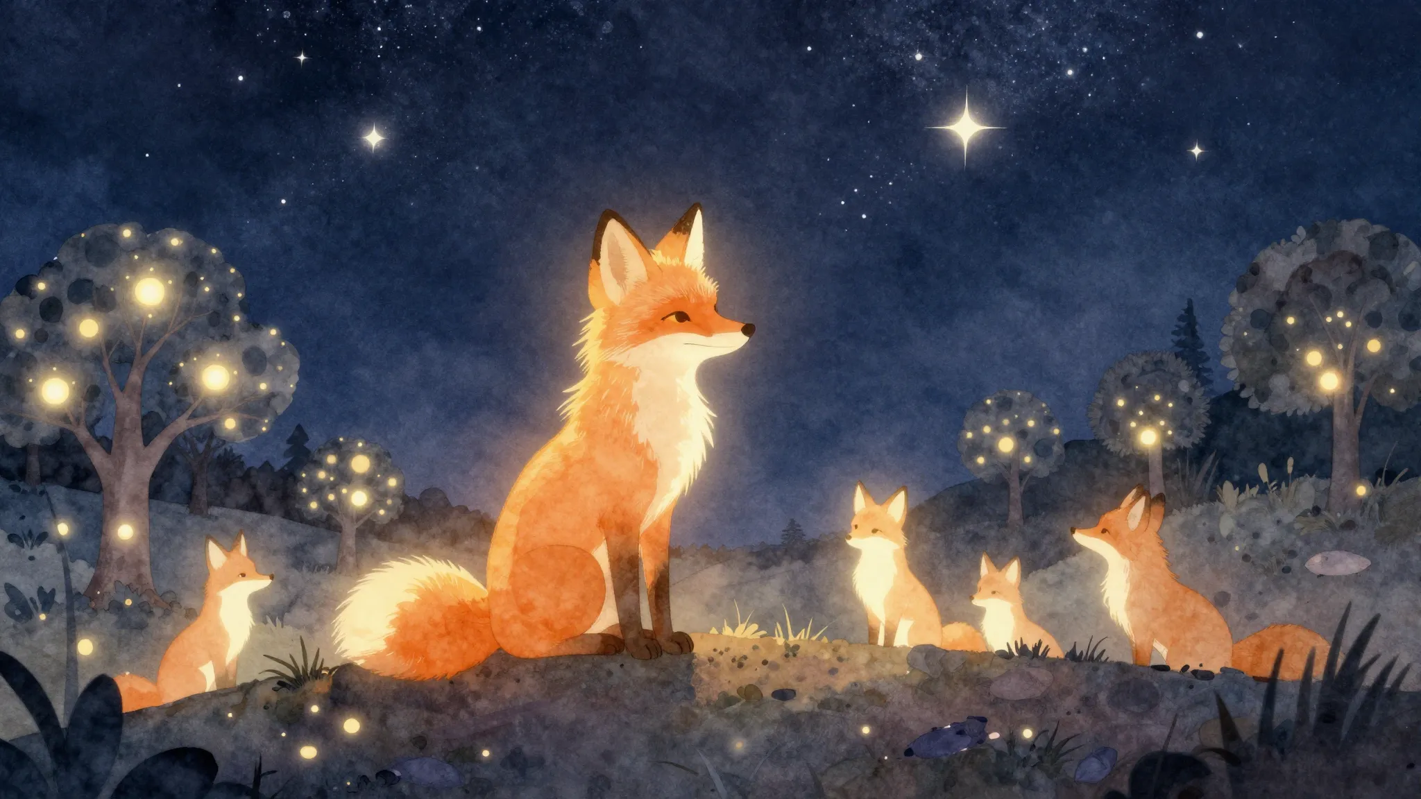 Watercolor style. A glowing silhouette of a fox sitting on a...
