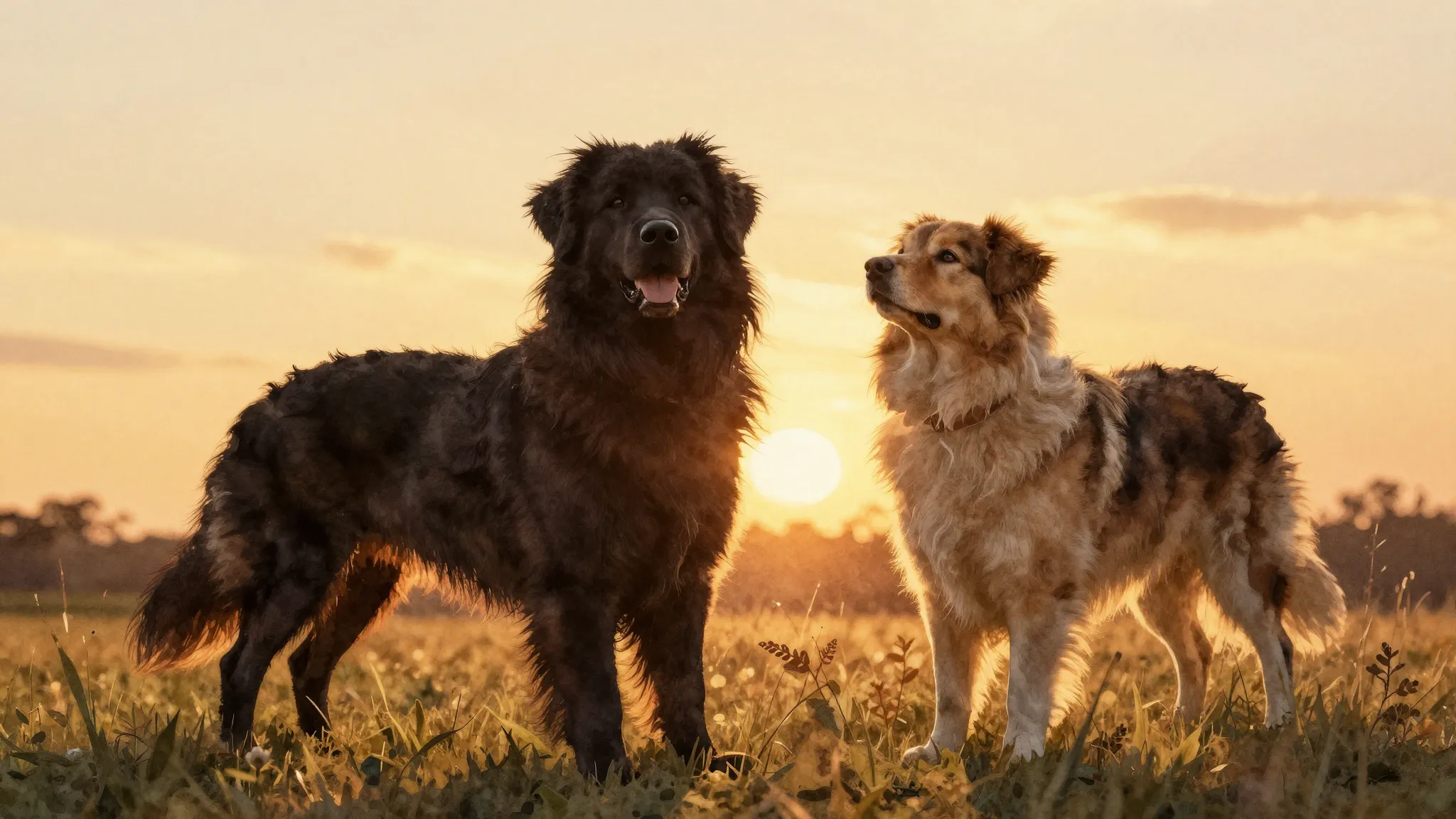 Watercolor style. A silhouette of two large fluffy dogs agai...