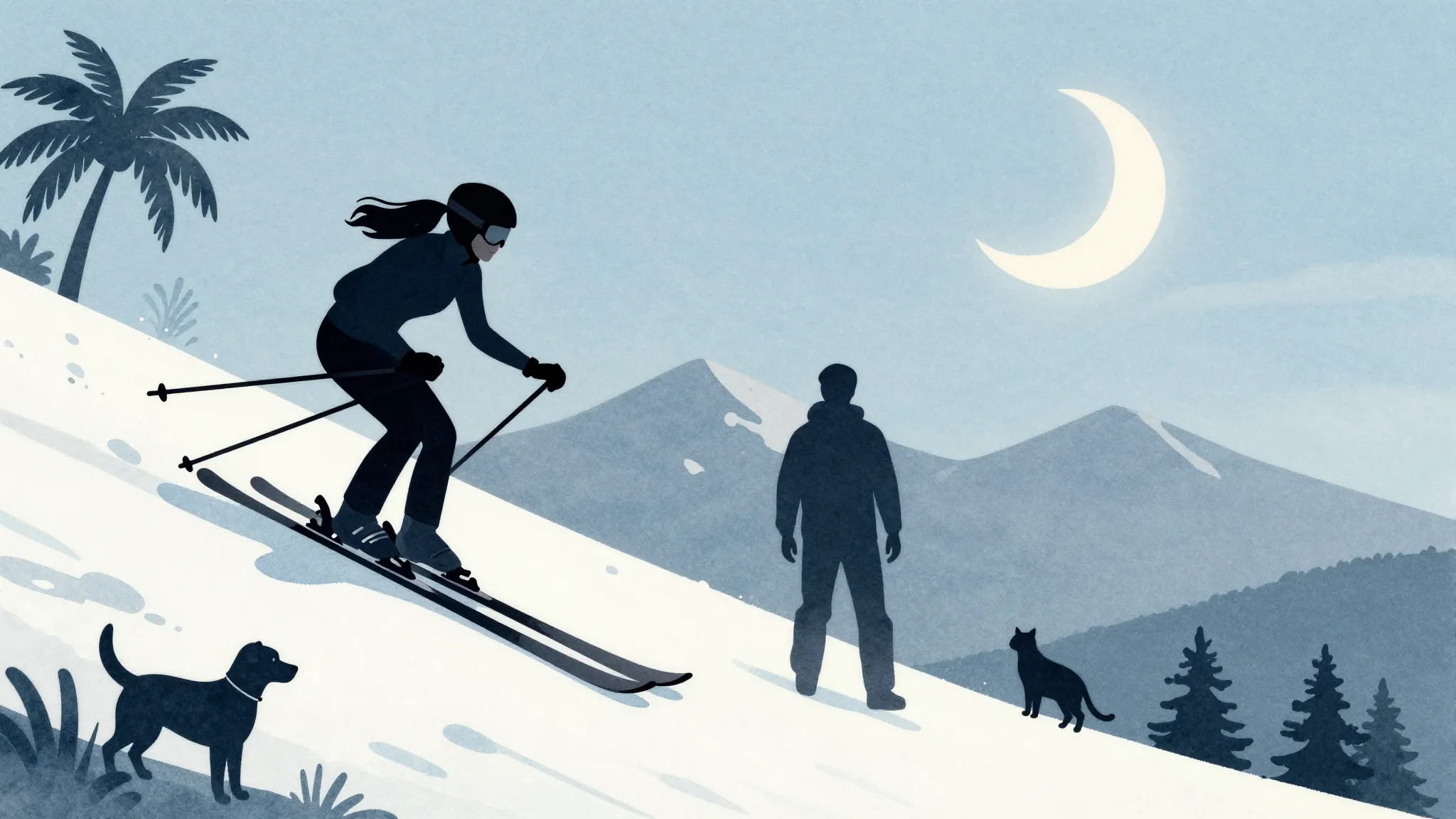 Watercolor style. A silhouette of a female skier on a steep ...