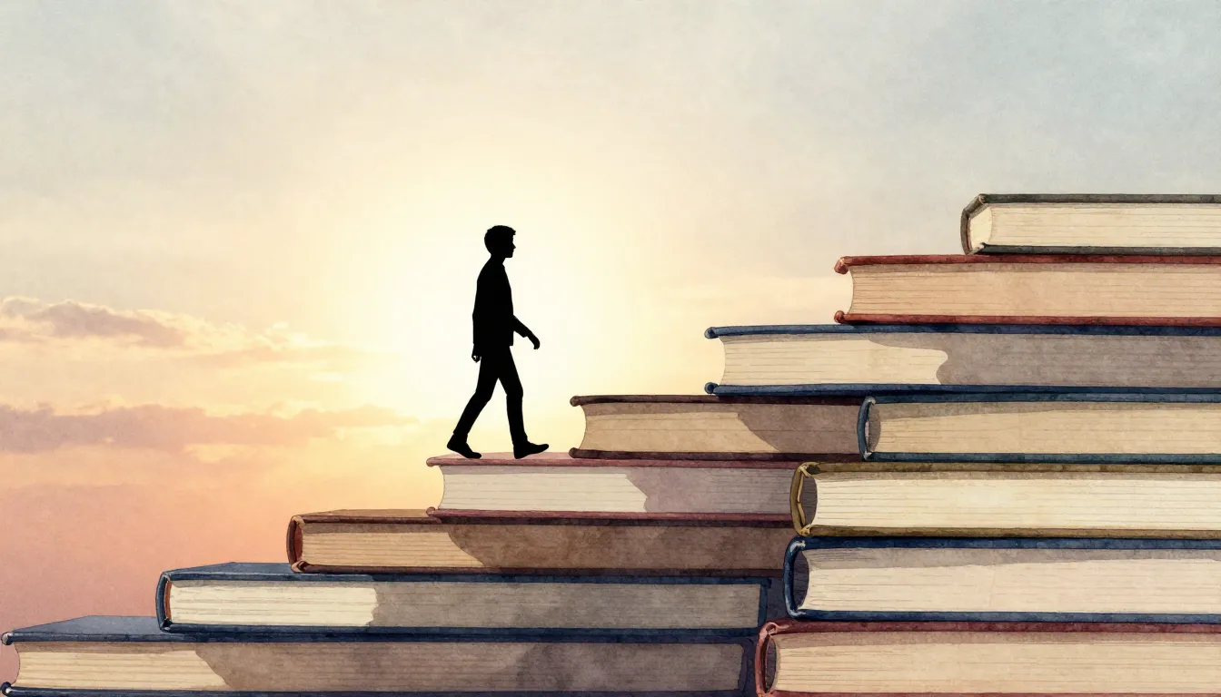 Watercolor style. A silhouette of a person walking up a stai...