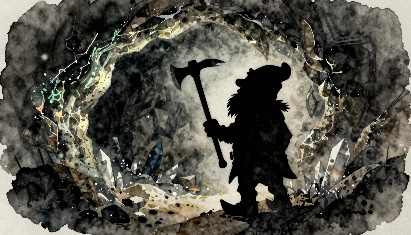 Watercolor style. A silhouette of a dwarf with a pickaxe sta...