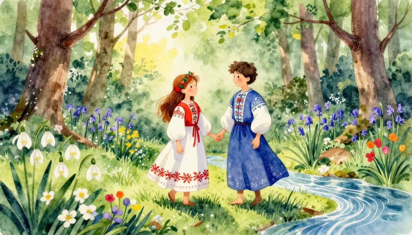 Vibrant watercolor style. Folk song cover: Slavic spring dei...