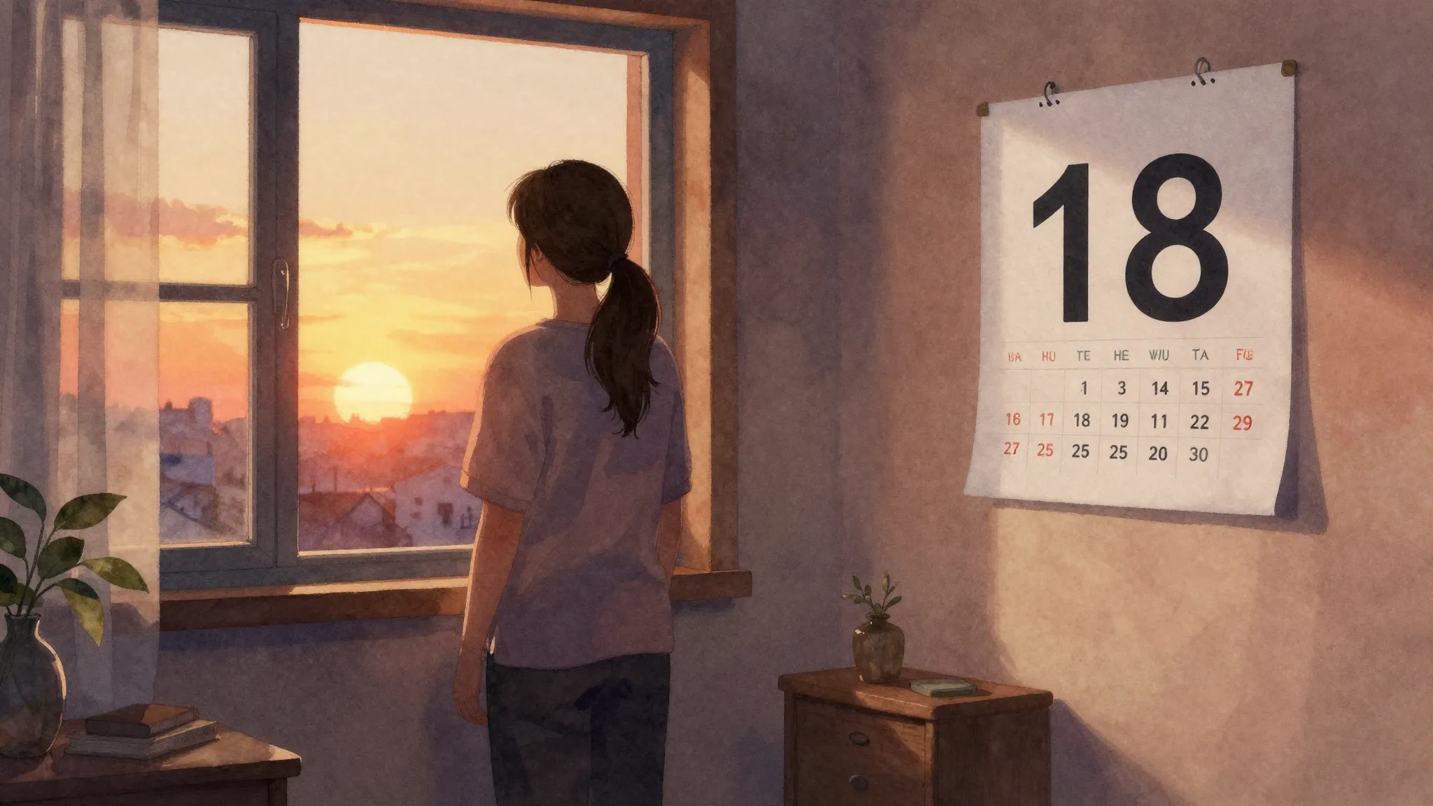 Watercolor style. A silhouette of a mother standing by a win...