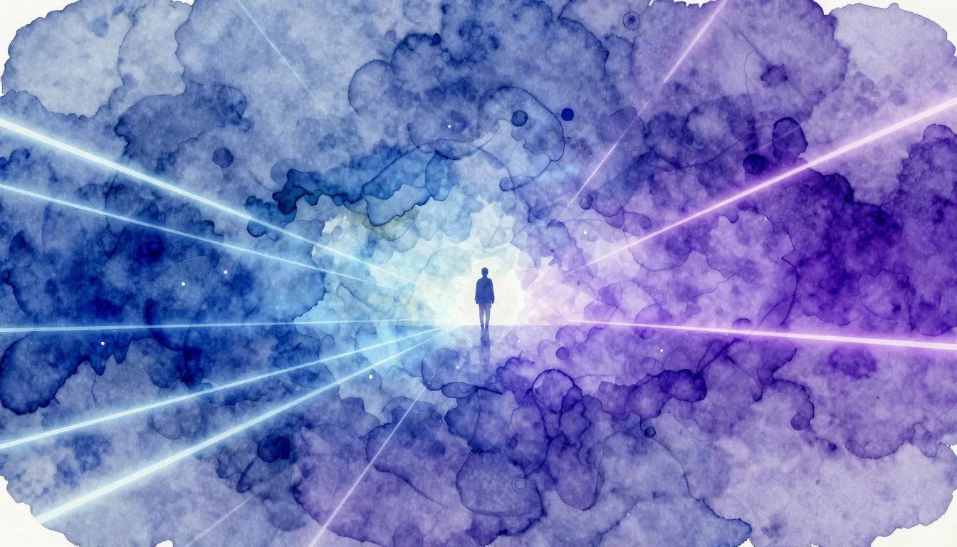 Watercolor style. Abstract digital landscape with glowing ne...