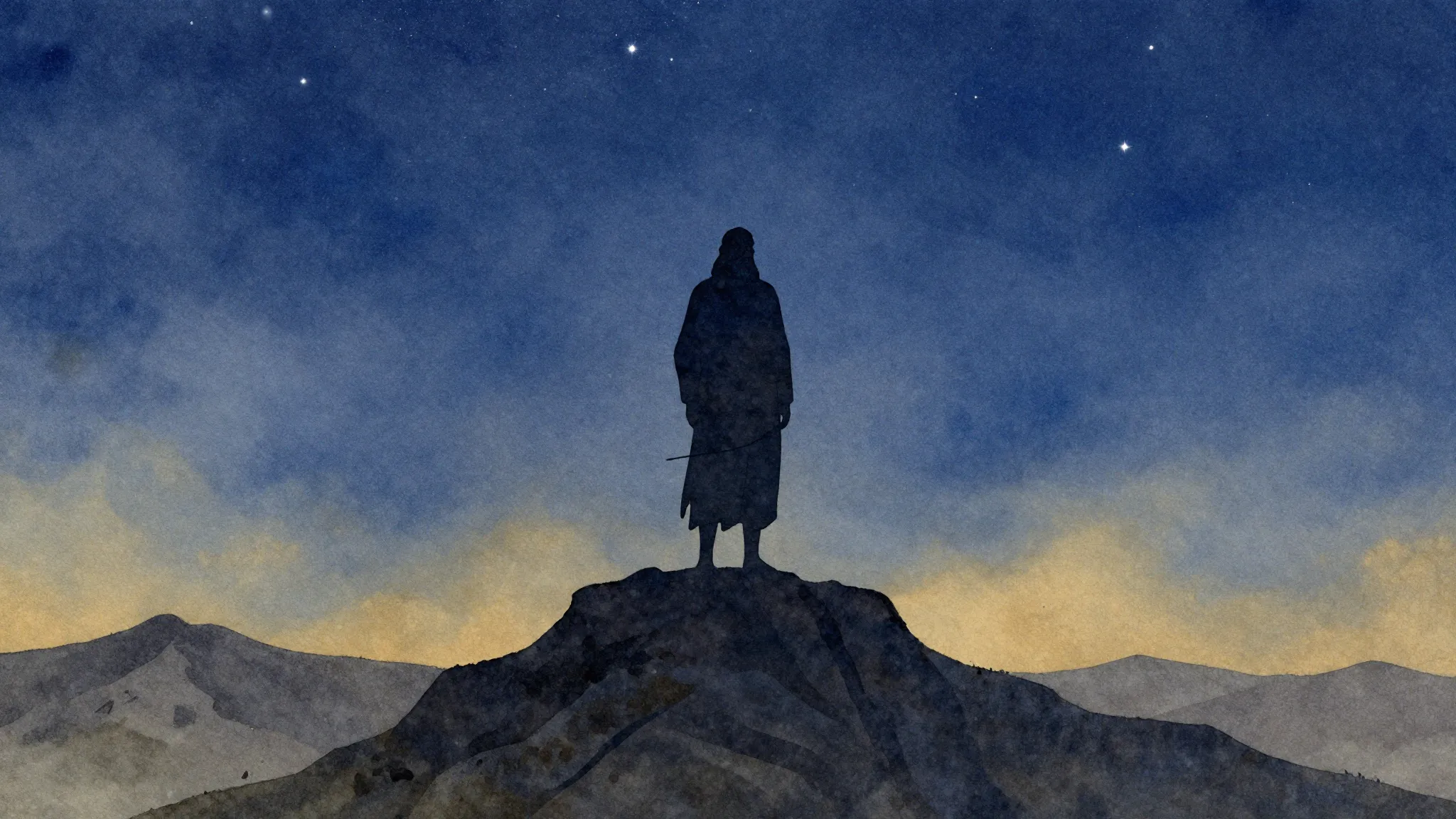 Watercolor style. A silhouette of a wise man standing on a m...