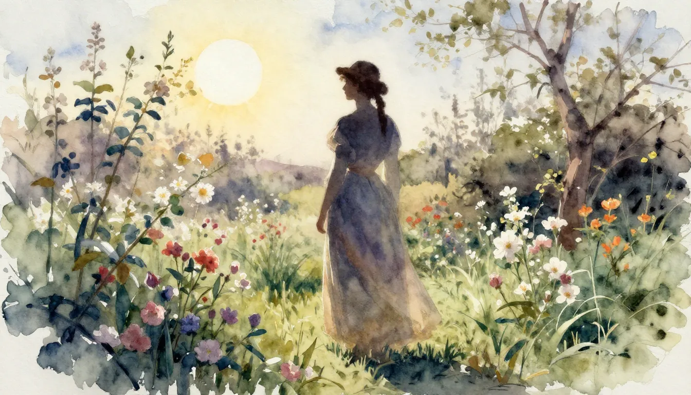 Watercolor style. A silhouette of a woman standing in a bloo...