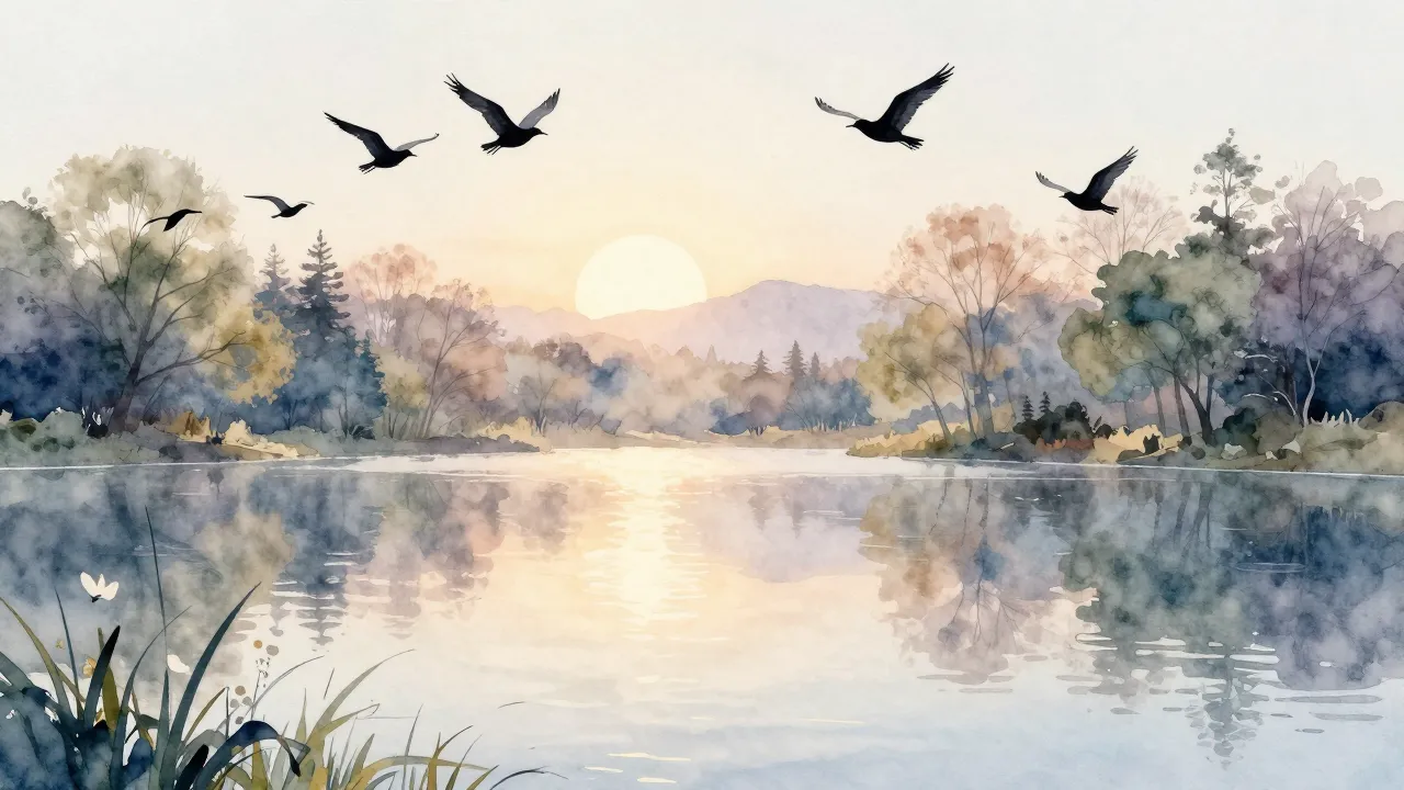 Watercolor style. A peaceful spring landscape at dawn with s...