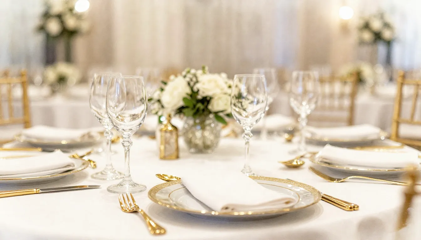 Watercolor style. Close-up of a luxury table setting in a ba...