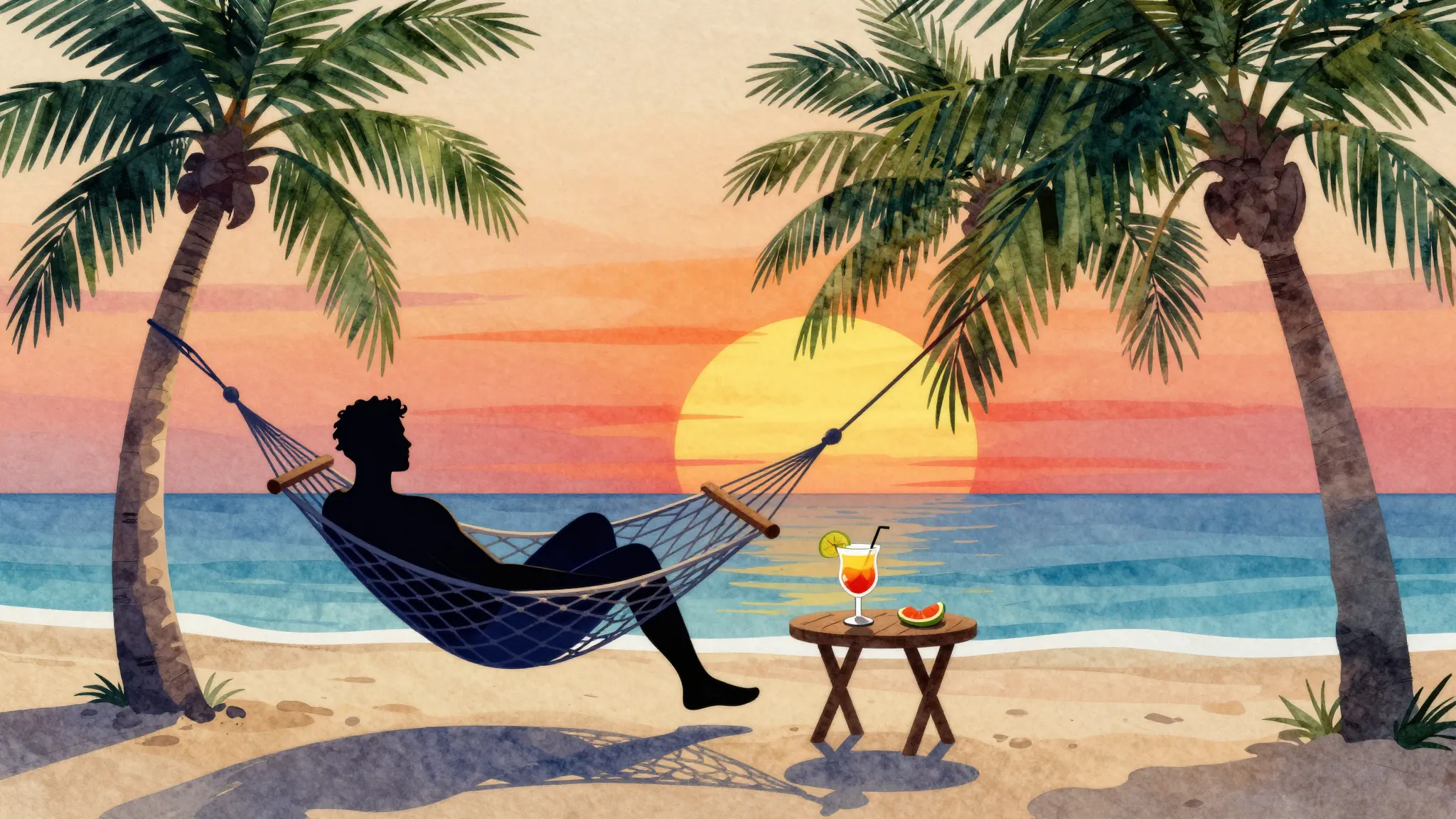 Watercolor style. Silhouette of a man relaxing in a hammock ...
