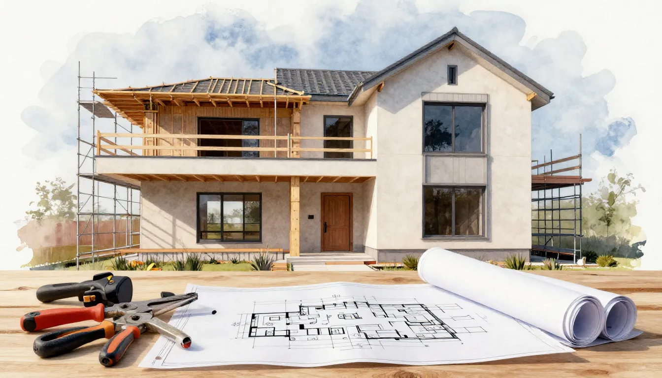 Watercolor style. A modern private house under construction ...