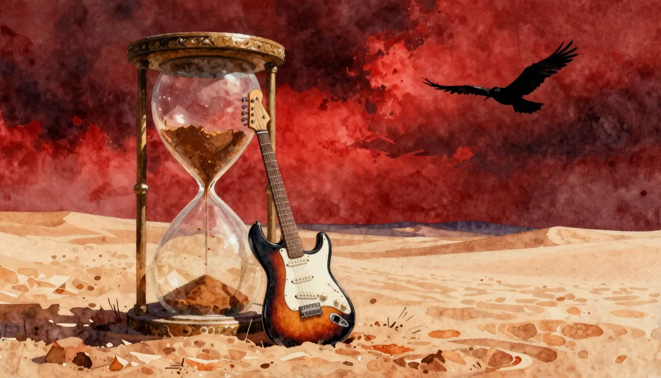Watercolor style. A lone electric guitar leaning against a g...