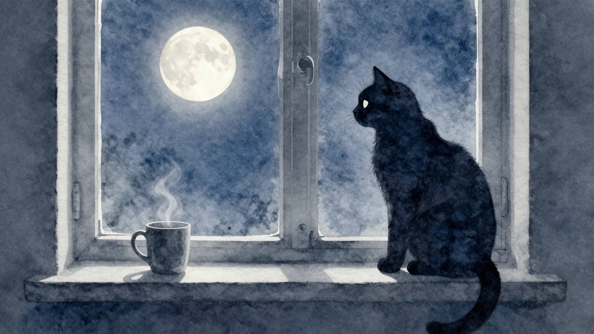 Watercolor style. A silhouette of a cat sitting by a window,...