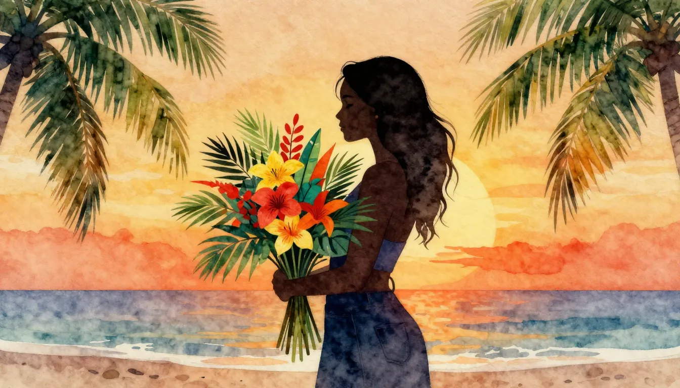 Watercolor style. Silhouette of a woman holding a large bouq...