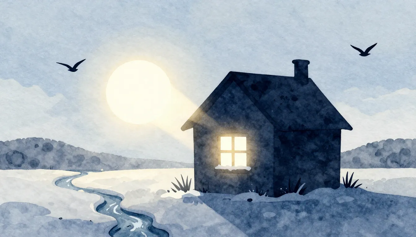 Watercolor style. A silhouette of a small house with a brigh...