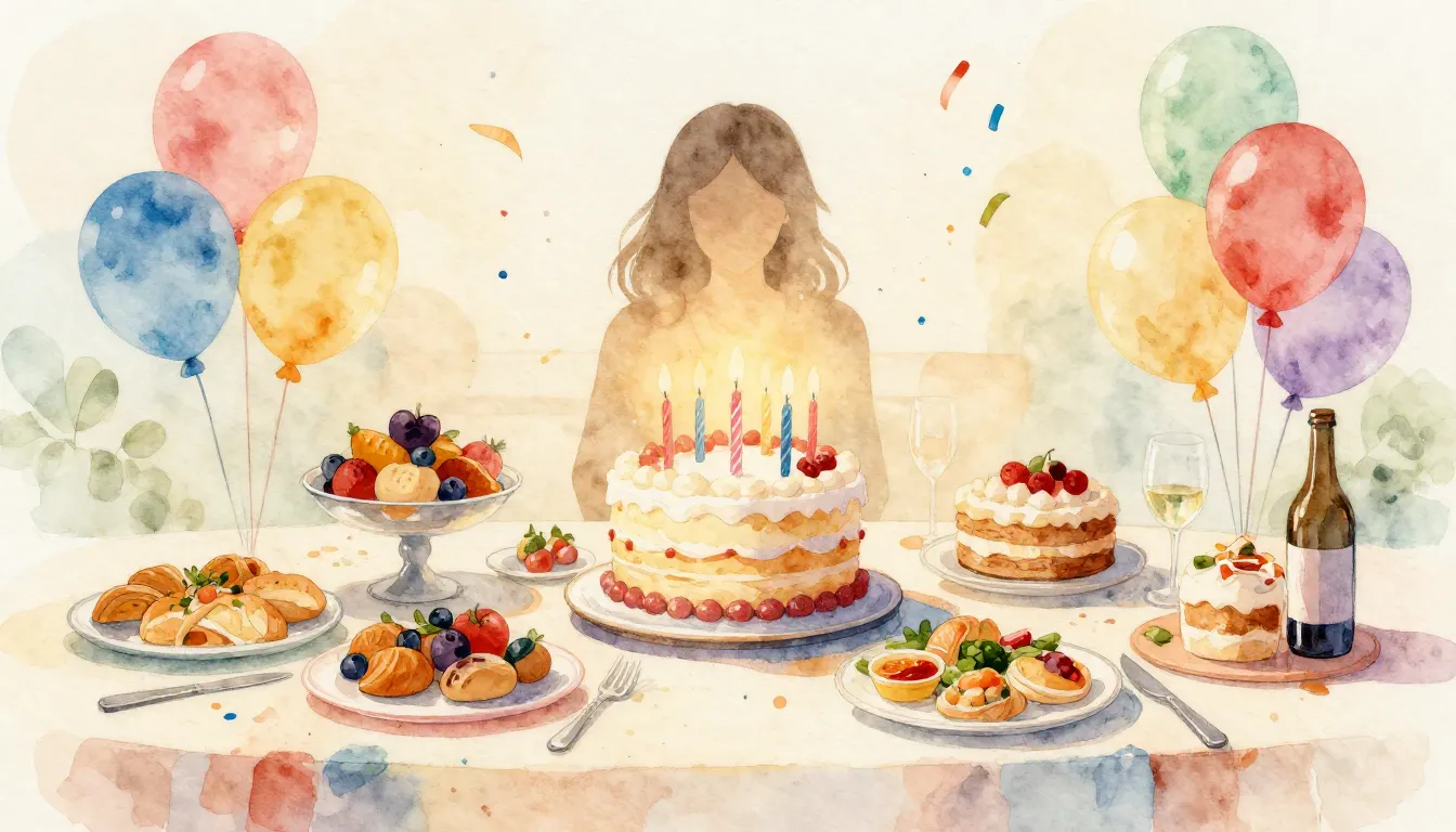 Watercolor style. A festive banquet table overflowing with d...