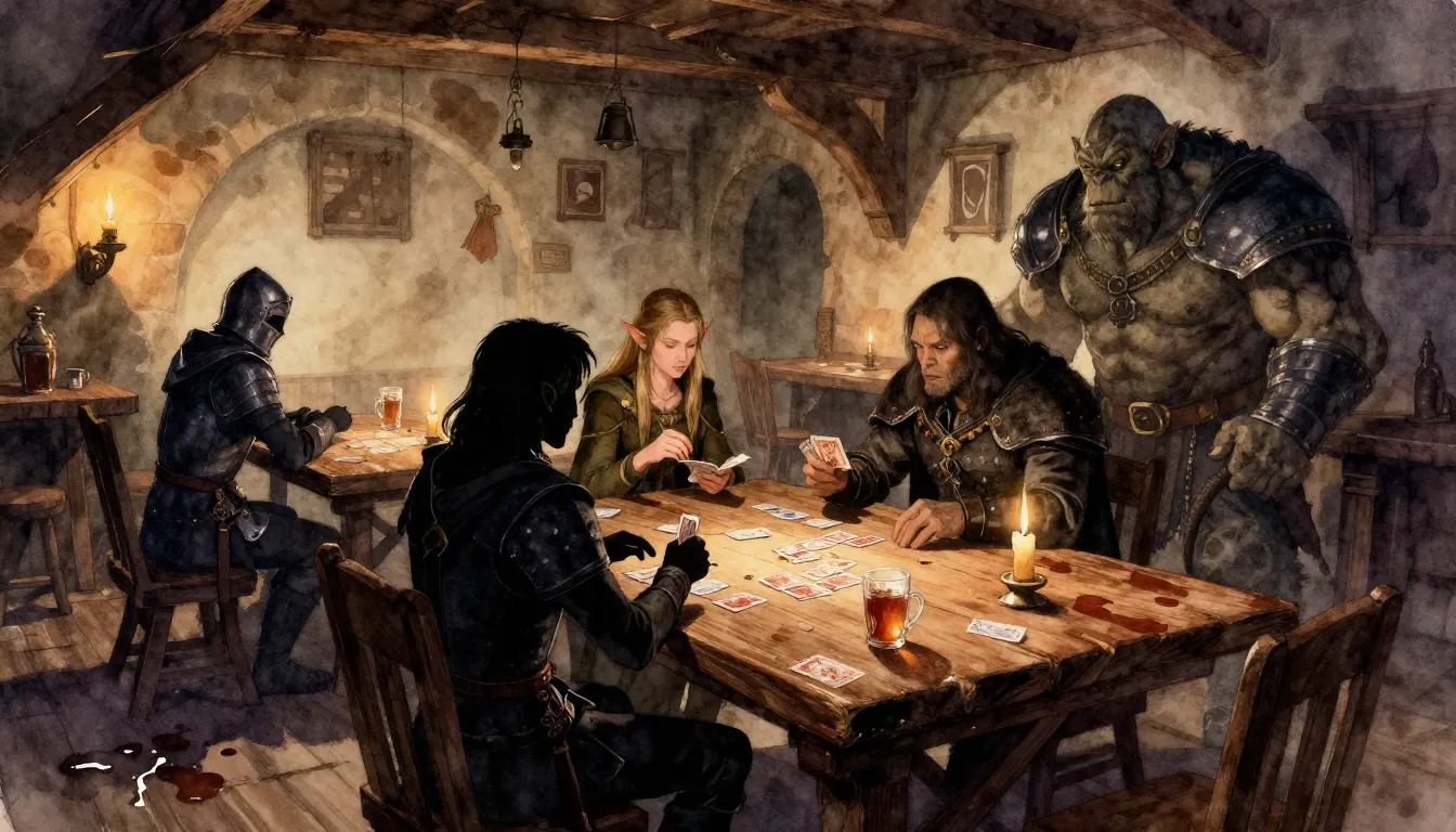 Watercolor style. A dimly lit medieval tavern interior, wood...