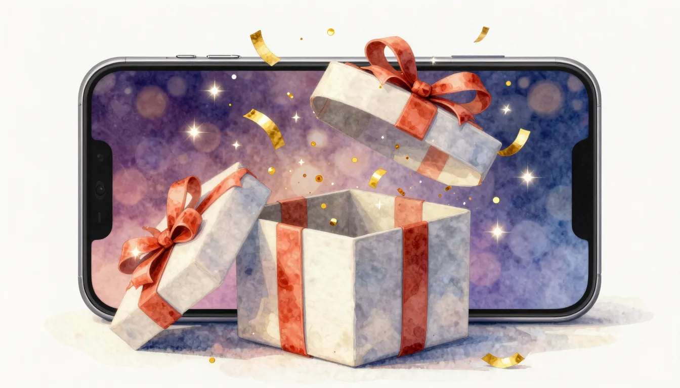 Watercolor style. A stylish 3D gift box opening with golden ...
