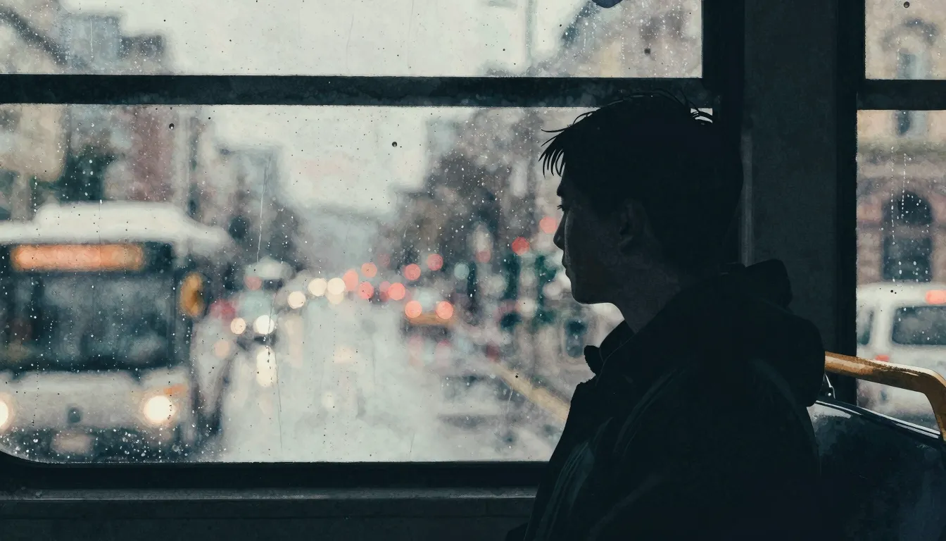 Watercolor style. A dark silhouette of a bus passenger looki...