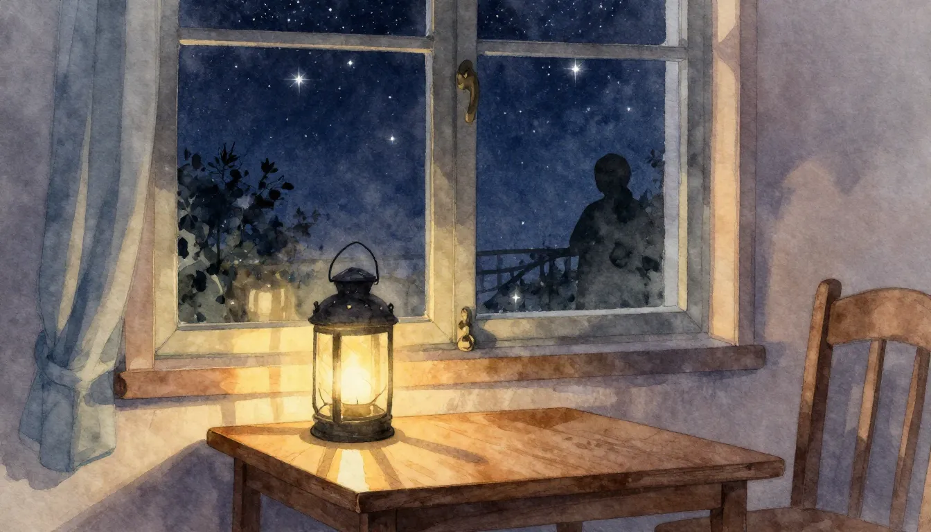 Watercolor style. A cozy room with a window view of a starry...