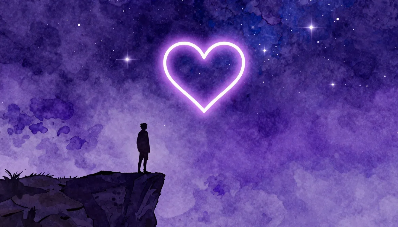 Watercolor style. Silhouette of a person standing on a cliff...