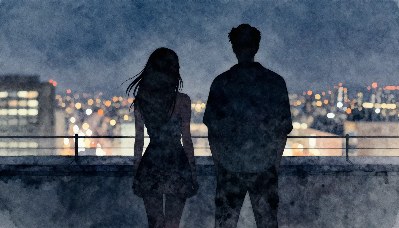 Watercolor style. Silhouette of a man and a woman standing o...