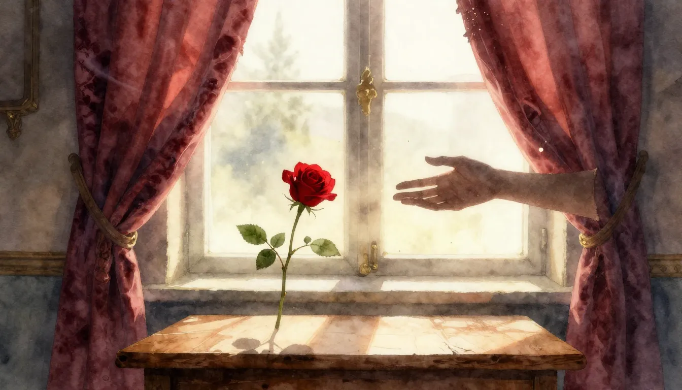 Watercolor style. A sunlit medieval bedroom window, soft mor...