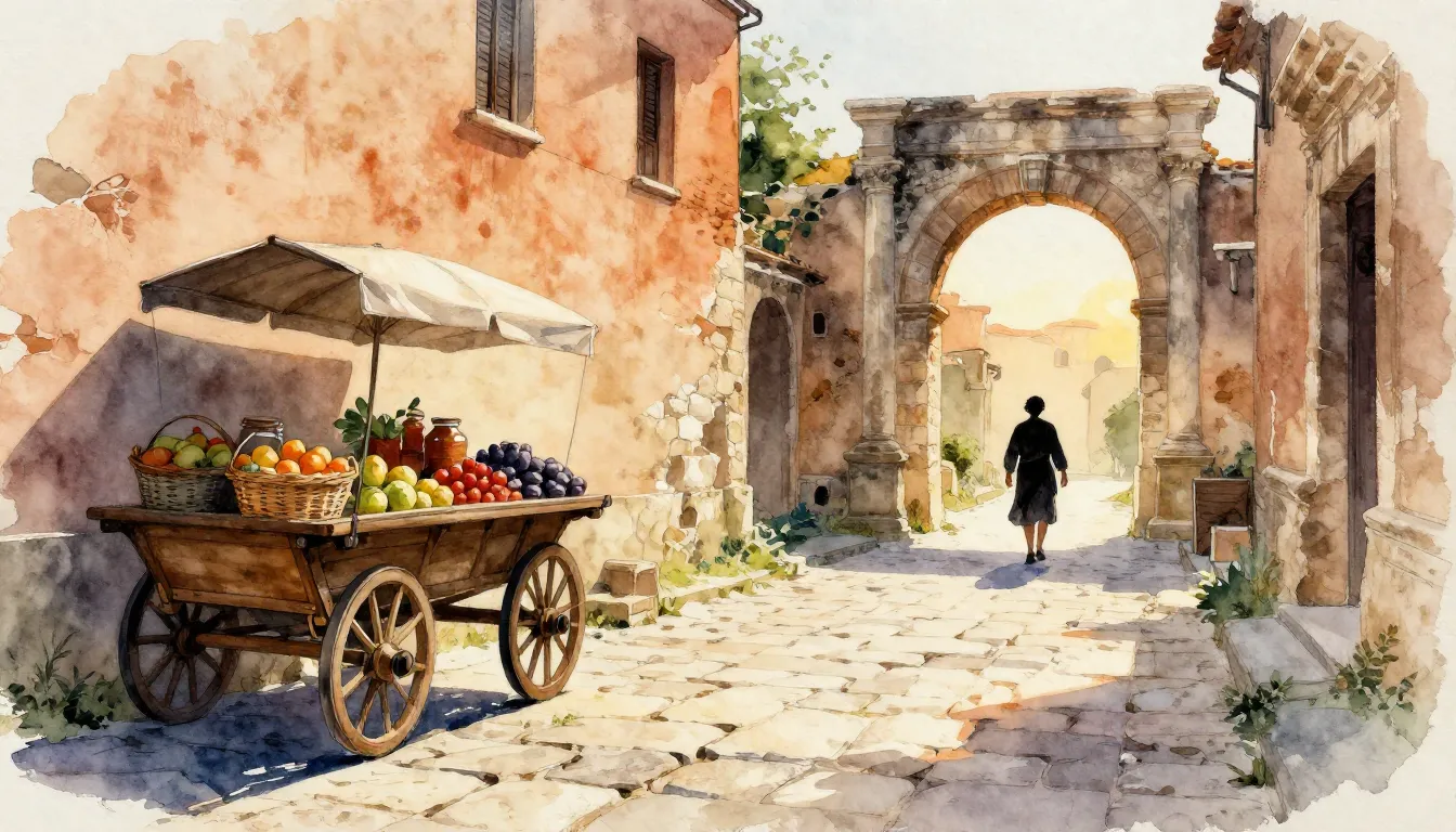 Watercolor style. Ancient Roman street with stone paving, a ...