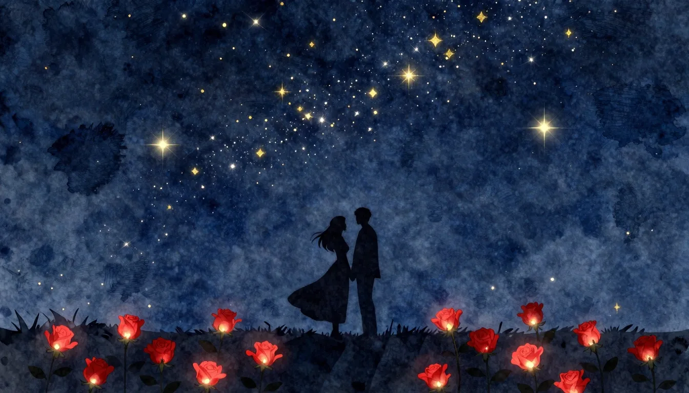 Watercolor style. Silhouette of a couple standing under a va...