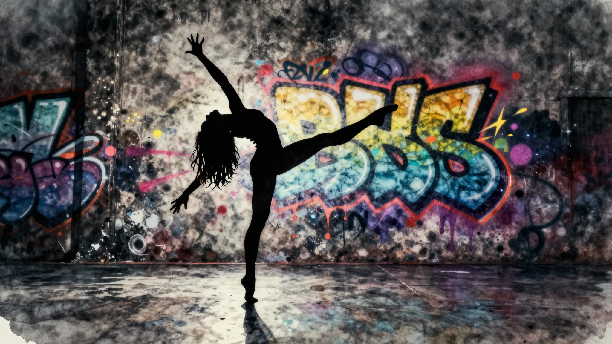 Watercolor style. Silhouette of a graceful gymnast in a dyna...