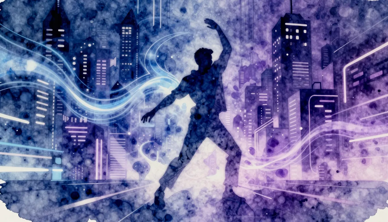 Watercolor style. Silhouette of a man dancing in a neon-lit ...