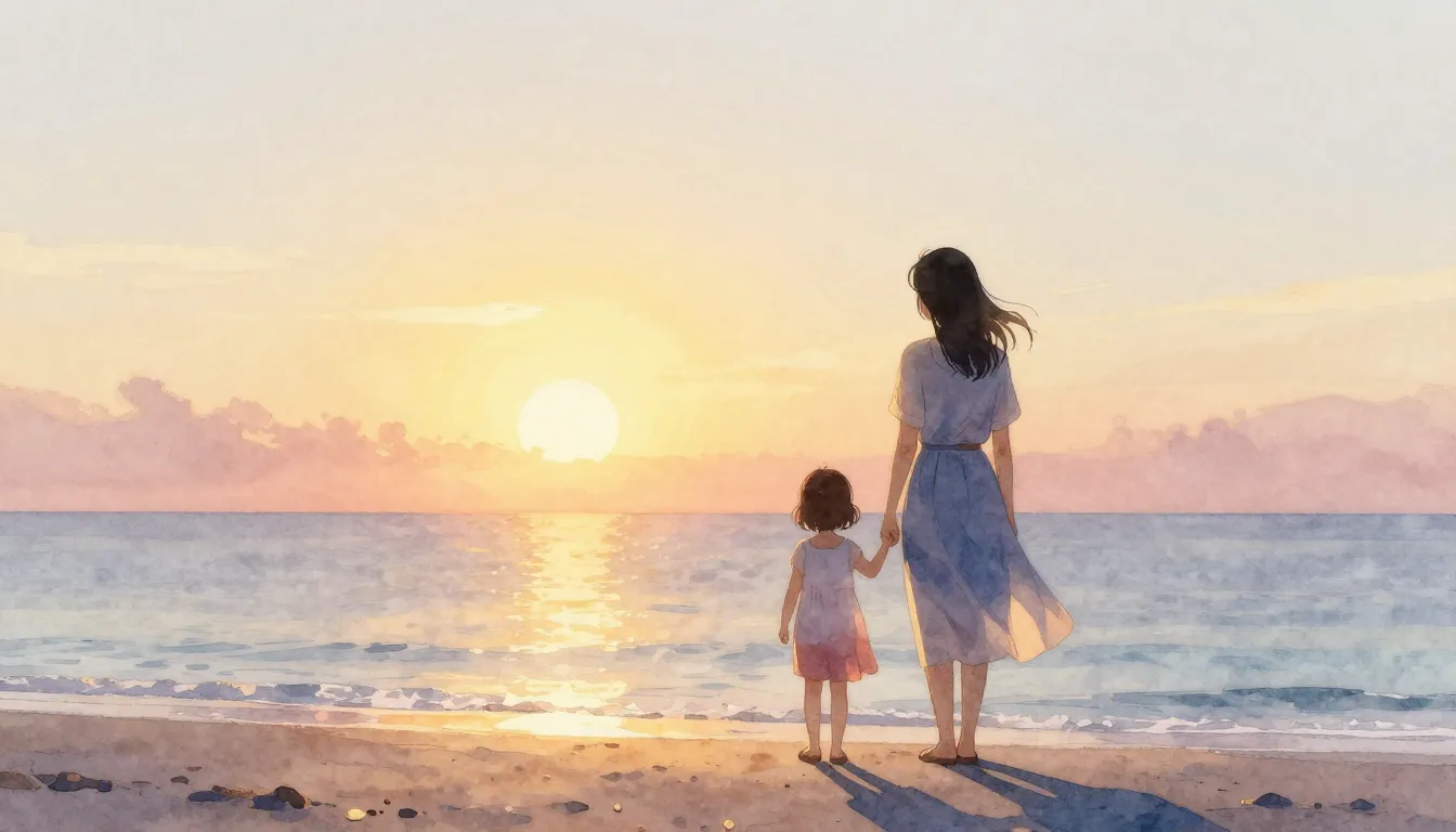 Watercolor style. A silhouette of a mother and a small daugh...