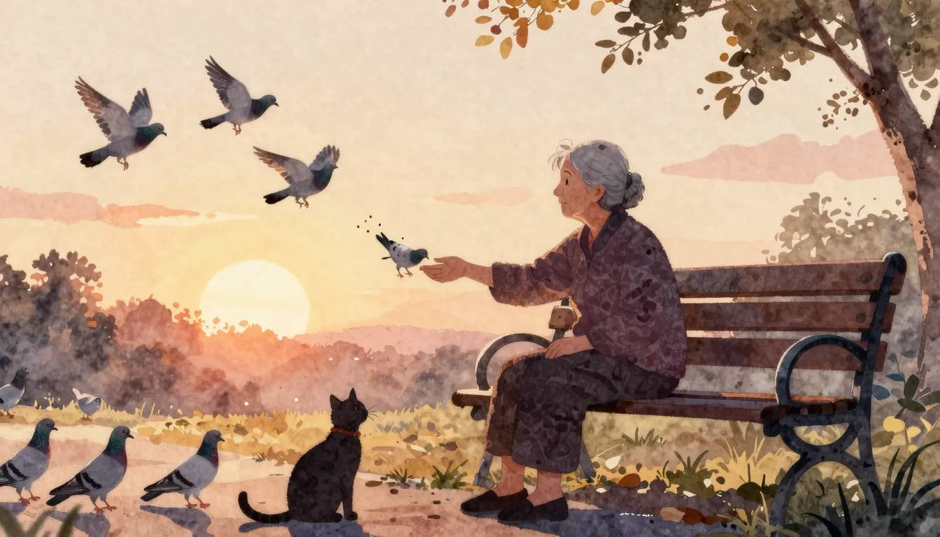 Watercolor style. Silhouette of an old woman sitting on a pa...