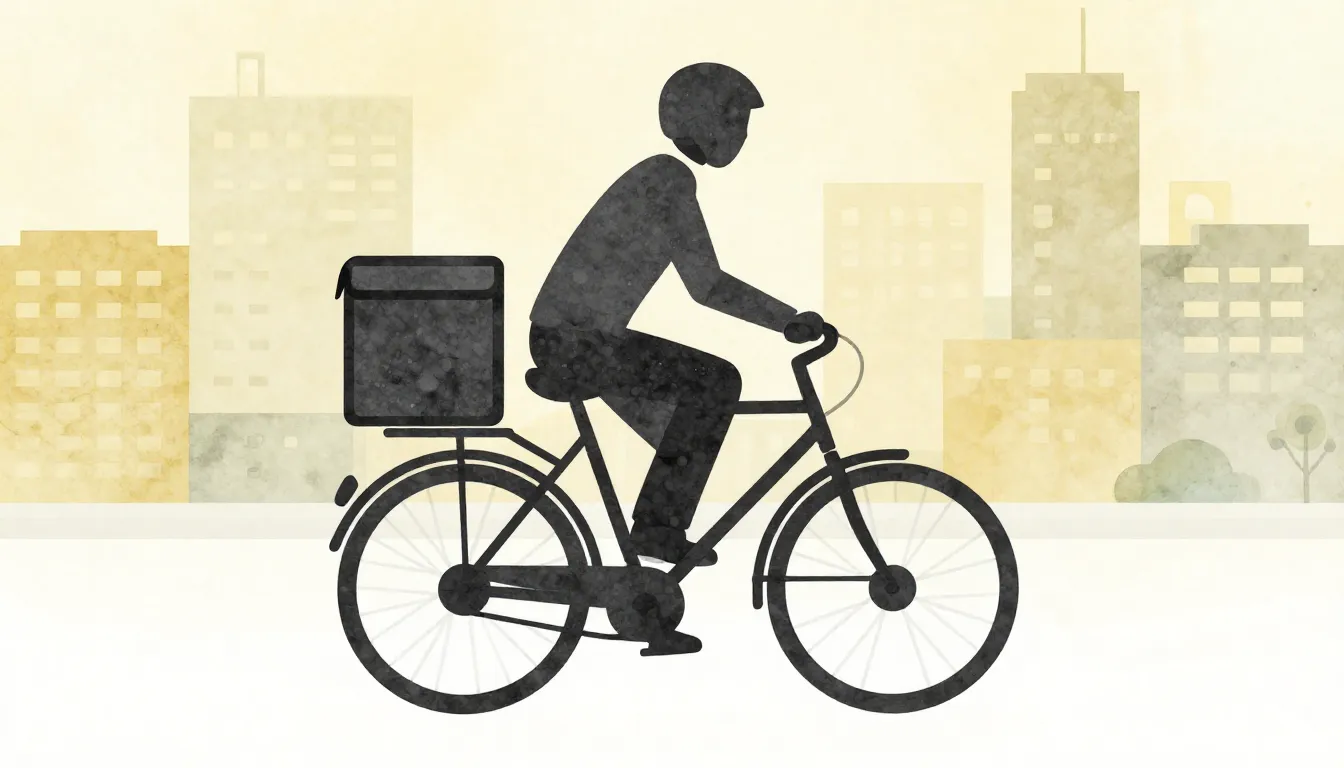 Watercolor style. A minimalist silhouette of a courier on a ...
