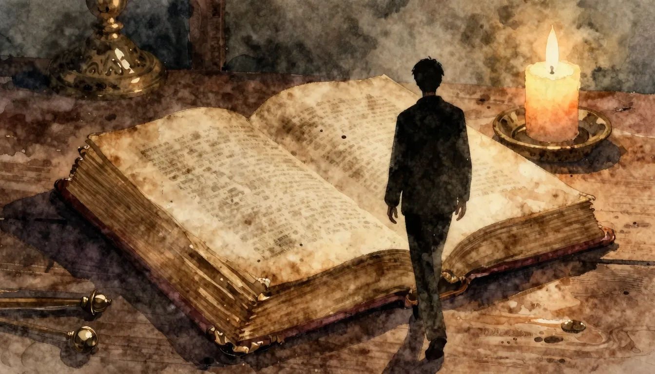 Watercolor style. A dark silhouette of a person walking away...