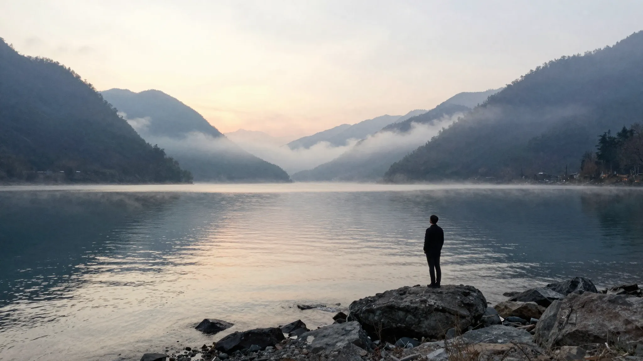 Watercolor style. A majestic vast lake surrounded by misty m...