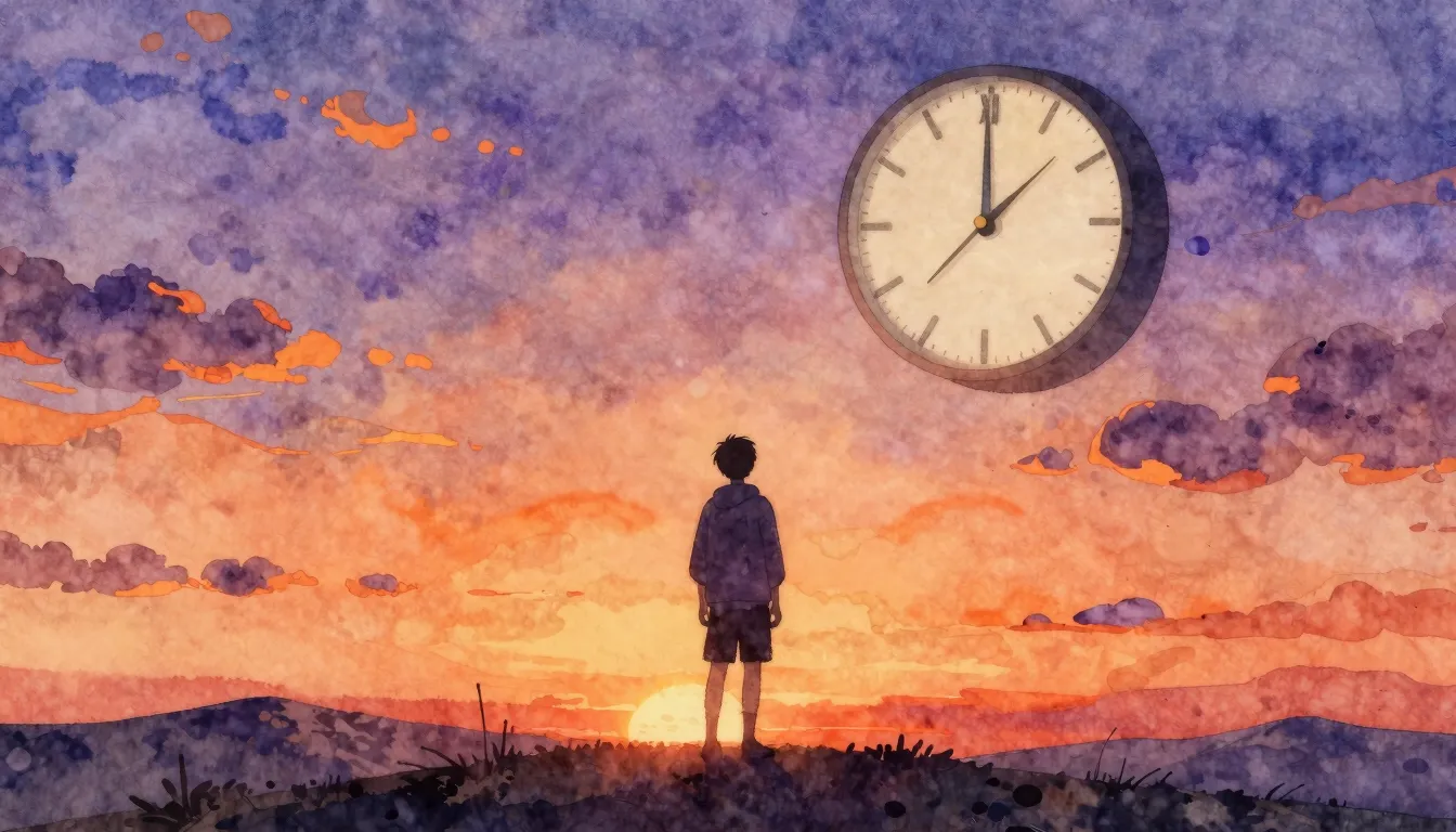 Watercolor style. A silhouette of a person standing on a hil...