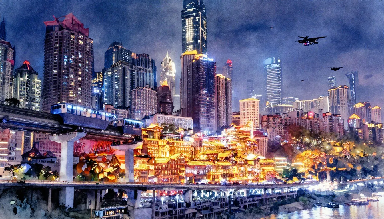 Vibrant watercolor style. R&B album cover: futuristic Chongq...