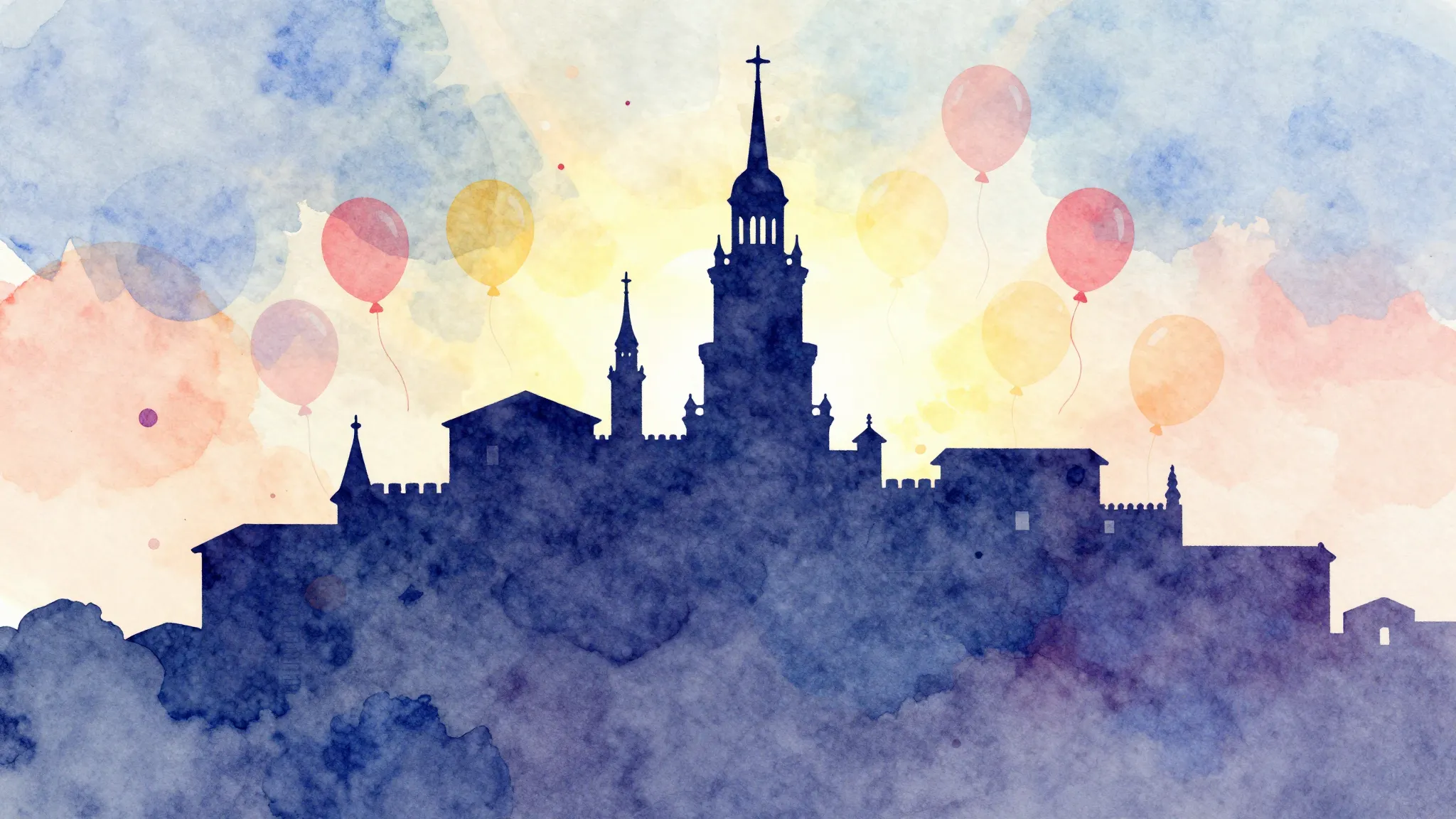 Watercolor style. Silhouette of a festive building with ball...