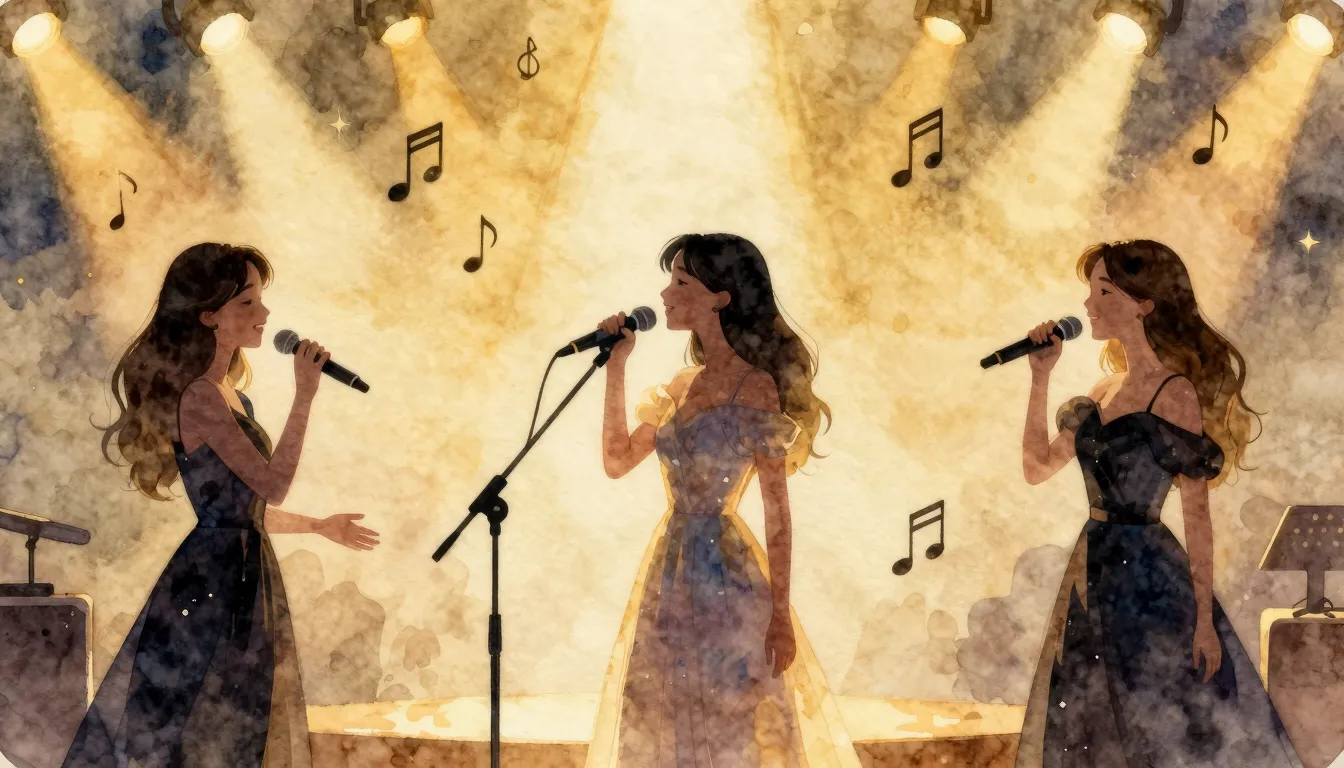 Watercolor style. Silhouettes of elegant young female singer...