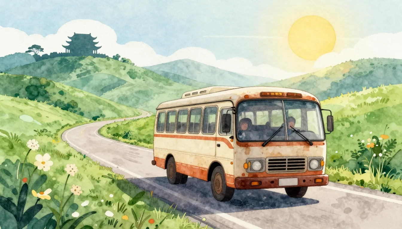 Watercolor style. A dusty old bus driving on a winding road ...