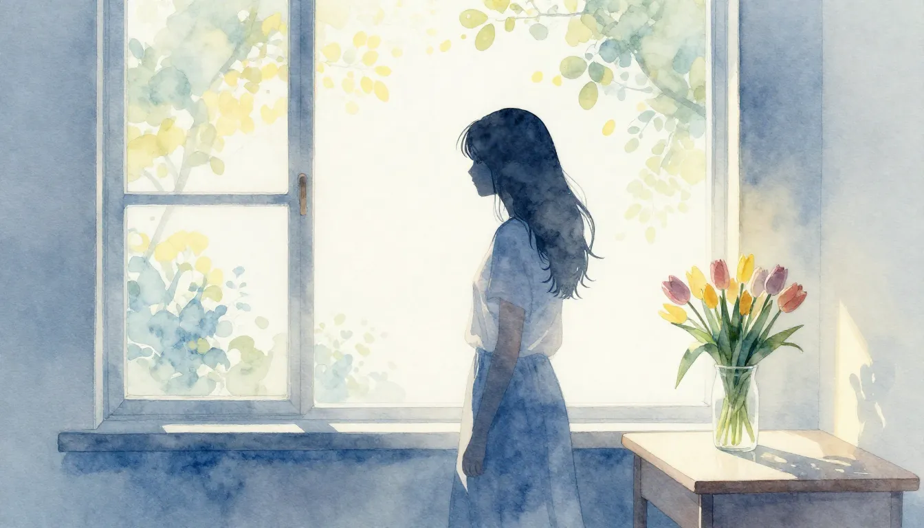 Watercolor style. A silhouette of a woman standing by a larg...