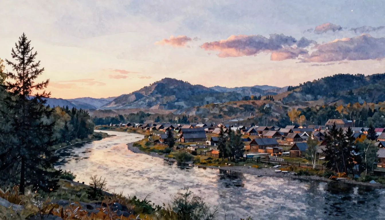 Watercolor style. A scenic landscape of a Siberian village b...