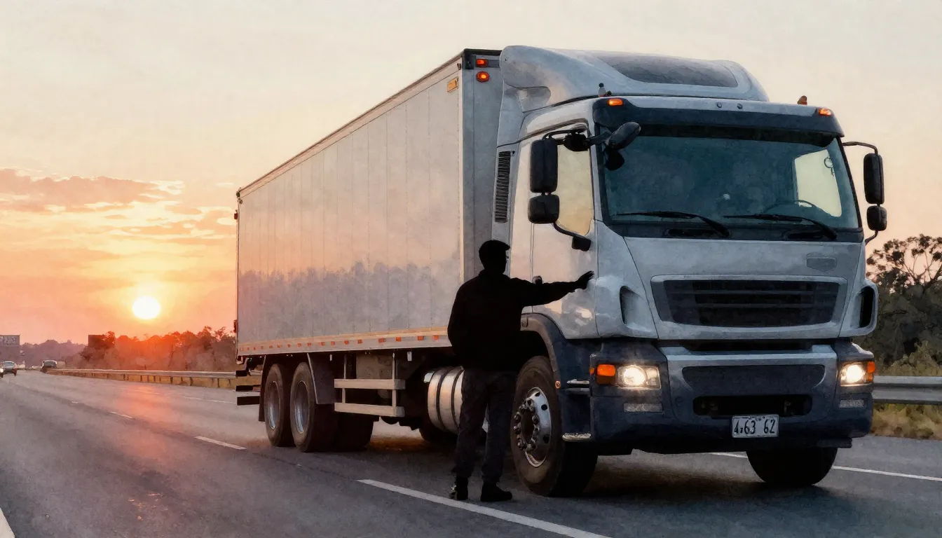 Watercolor style. Silhouette of a truck driver standing near...