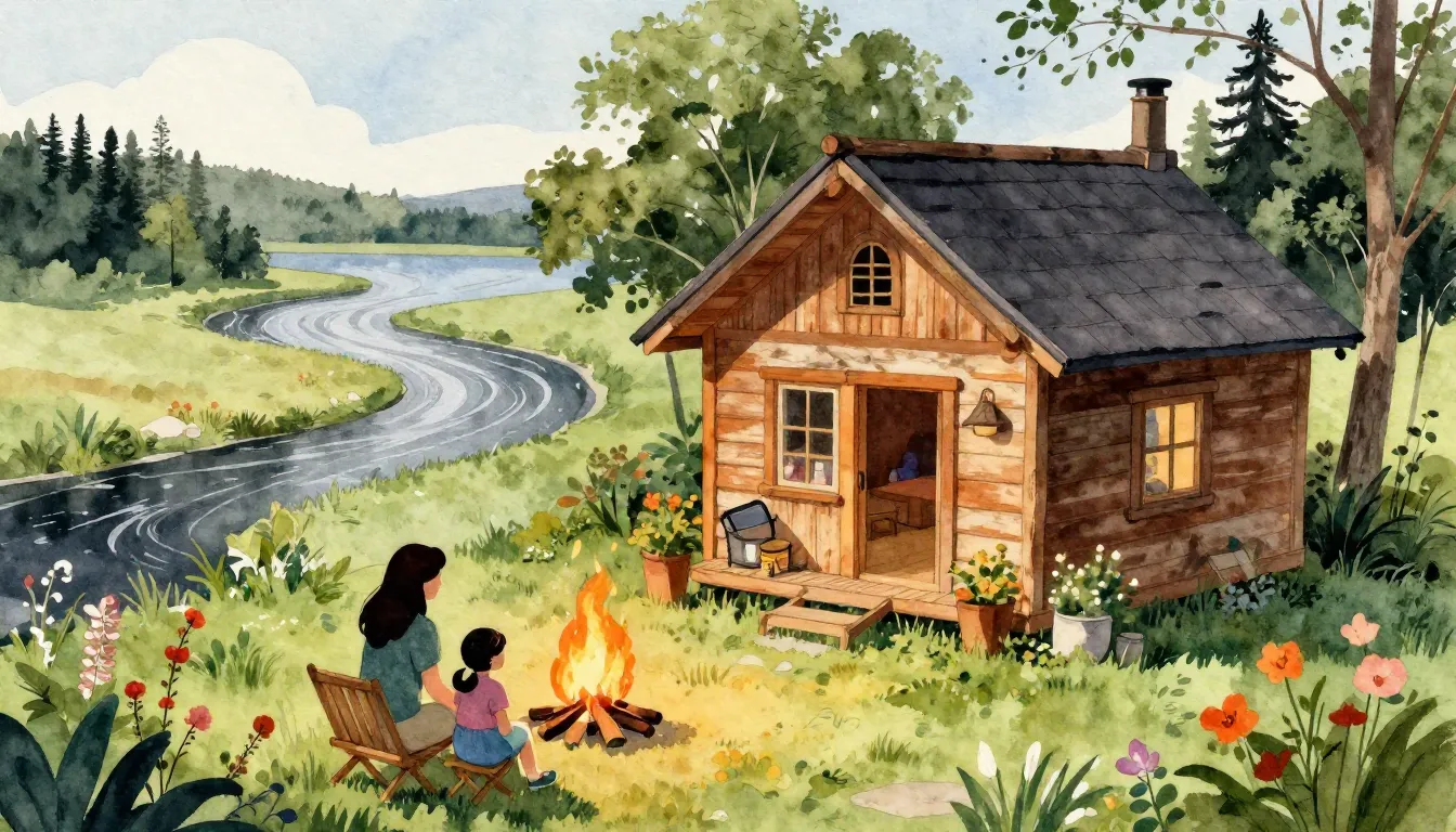 Vibrant watercolor style. A cozy lakeside cabin, a winding b...