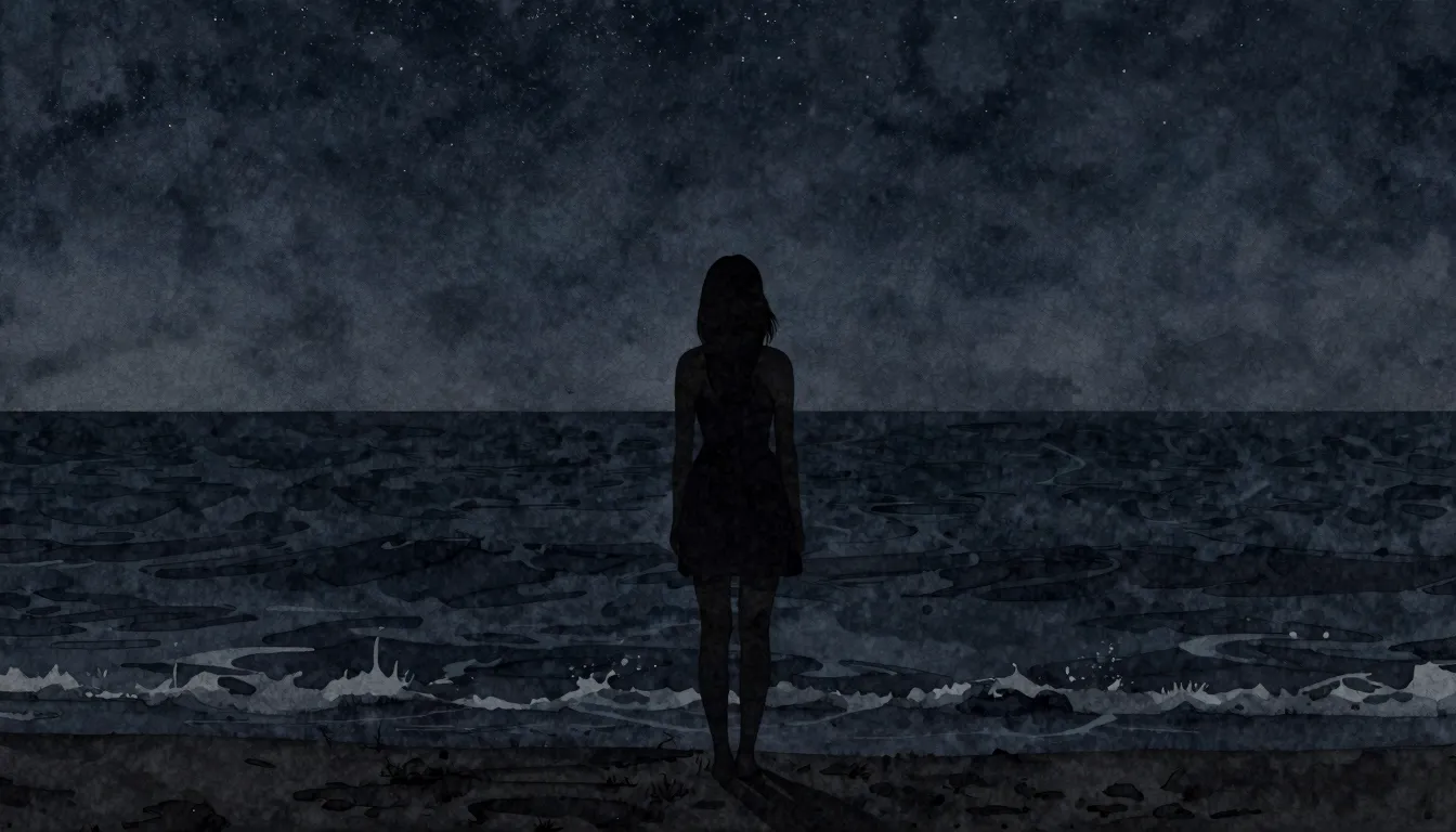 Watercolor style. Silhouette of a woman standing before a va...