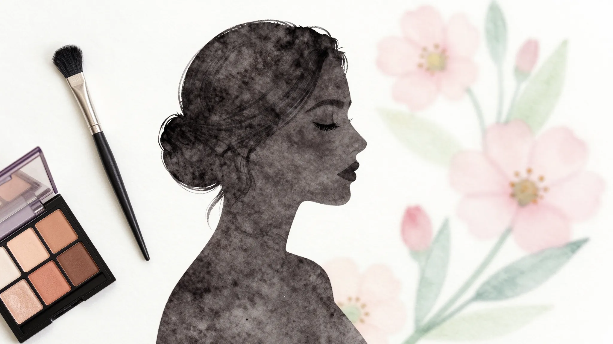 Watercolor style. A silhouette of a woman's profile against ...
