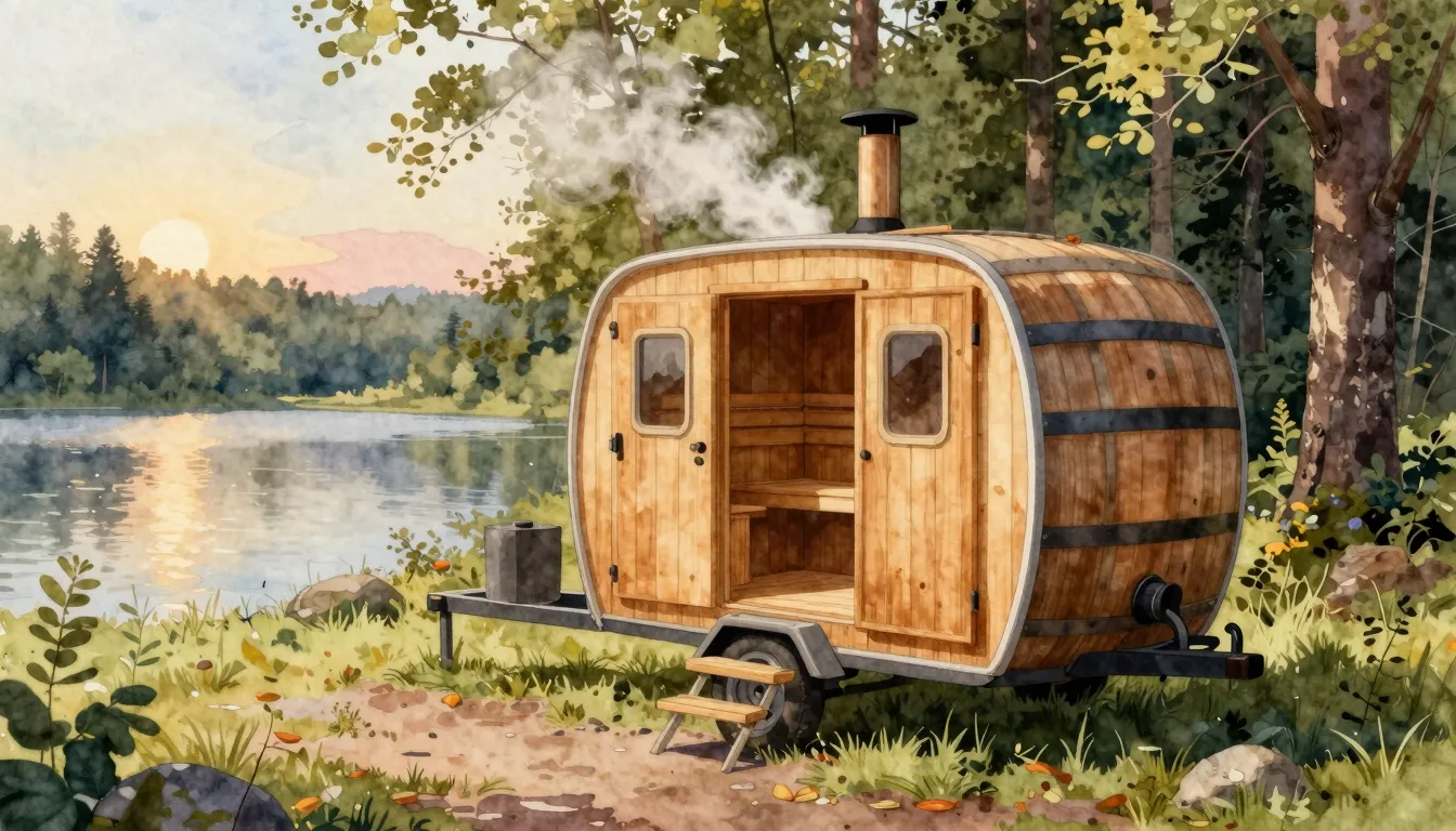 Watercolor style. A cozy wooden barrel sauna on a trailer, p...