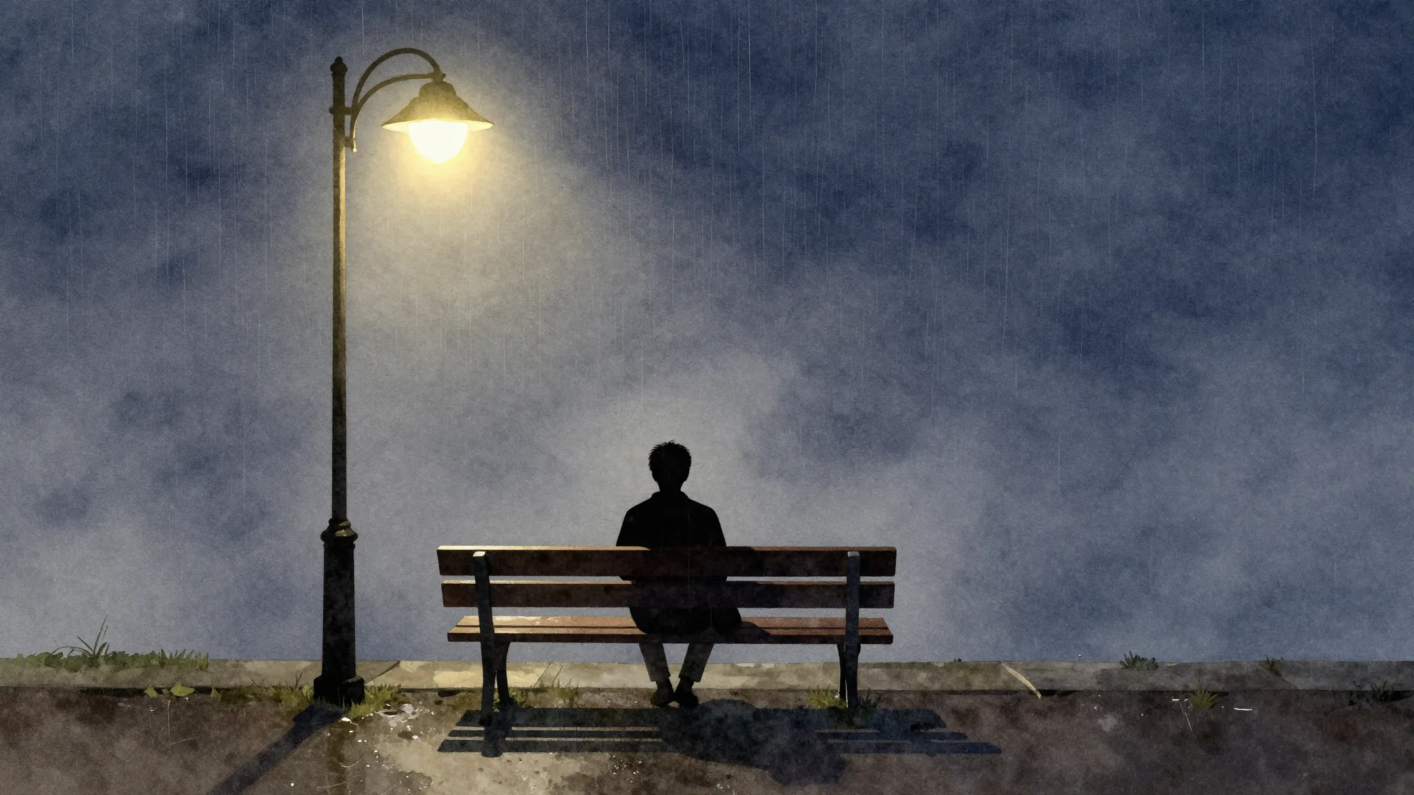 Watercolor style. A lonely silhouette sitting on a bench und...